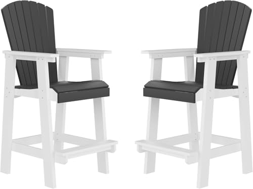 Outdoor Tall Adirondack Chairs Set of 2, Patio Bar Stool Chair with High Back, Widened Arms, All-Weather Balcony Chair for Backyard, Garden, Yard (White & Grey) - color: Tall Adirondack Chair Set of 2