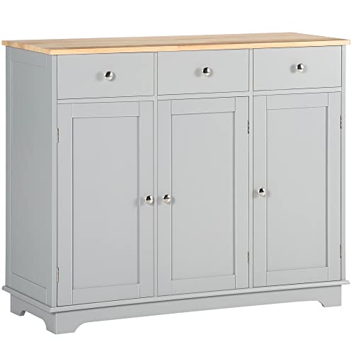 HOMCOM Sideboard Buffet Cabinet with Solid Wood Countertop, Modern Kitchen Storage Cabinet, Coffee Bar Cabinet with 3 Drawers, Doors and Adjustable Shelf, Gray - color: Grey, size: 39.75" x 15.75" x 33.5"