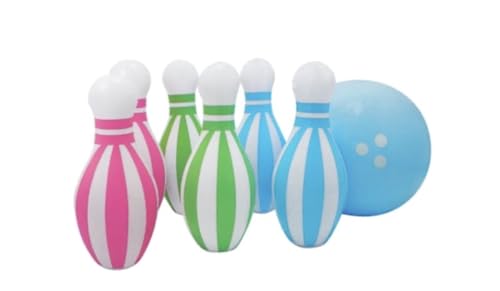 Inflatable Giant Bowling Set, Colorful Striped Pins and Ball, Over 2 Feet Tall, 6 Pins Included