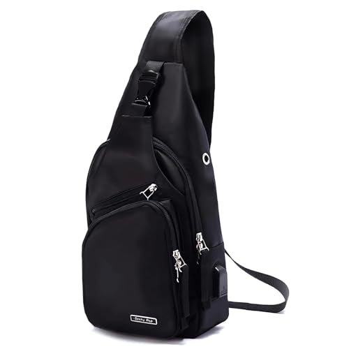 Seoky Rop Men Women Sling Backpack Nylon Water Resistant Shoulder Chest Crossbody Sling Bag with USB Charging Port - color: Black