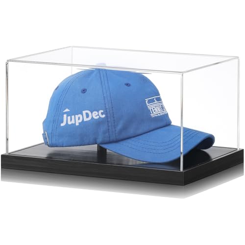 JupDec Hat Display Case, Clear Acrylic Baseball Cap Display Box Stand, UV Protection Signed Hat Transparent Showcase with Solid Wood Base Risers & Hat Shaper, Ideal Gift for Caps Collector, Black