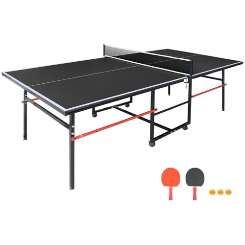 Compact Ping Pong Table, 8ft Mid-Size Indoor/Outdoor Table Tennis Game Set, Foldable, Portable Table Tennis Table with Net, 2 Table Tennis Paddles and 3 Balls, Black