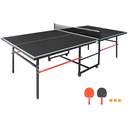 Compact Ping Pong Table, 8ft Mid-Size Indoor/Outdoor Table Tennis Game Set, Foldable, Portable Table Tennis Table with Net, 2 Table Tennis Paddles and 3 Balls, Black