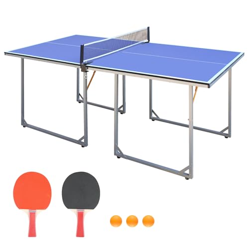 Compact Ping Pong Table, 6ft Mid-Size Indoor/Outdoor Table Tennis Game Set, Foldable, Portable Table Tennis Table with Net, 2 Table Tennis Paddles and 3 Balls