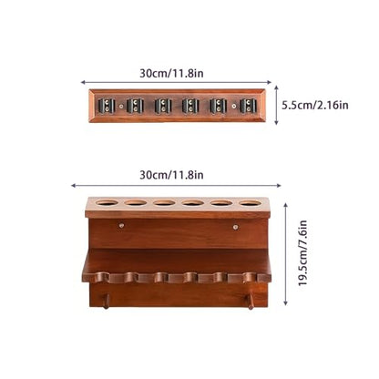 SUPERDIAMOND Hardwood Pool Cue Rack Wall Mount, 6 Pool Stick Holder with Accessory Storage Shelf & Triangle Hooks, Adjustable 2-Piece Space Saving Billiard Organizer for Game Room, Man Cave,Brown - size: 6 Cues, style: SU-wa6-Cue Racks-brown2