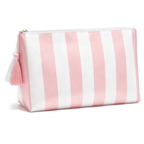 Pink White Striped Makeup Bag,Clear Coated Cosmetic Bags for Women Girls,Waterproof Travel Makeup Bag for Purse Organizer Zipper Pouch Beach Summer Vacation Essentials Gifts for Women(Pink White) - color: Pink White