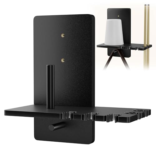 Black Wall Mounted Cone Chalk Holder,Wood Pool Cue Rack with 5-Slot Metal Rubber Clamps,Wall Mount Billiard Accessories for Home, Bar, Game Room & Pool Club