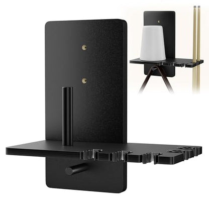 Black Wall Mounted Cone Chalk Holder,Wood Pool Cue Rack with 5-Slot Metal Rubber Clamps,Wall Mount Billiard Accessories for Home, Bar, Game Room & Pool Club