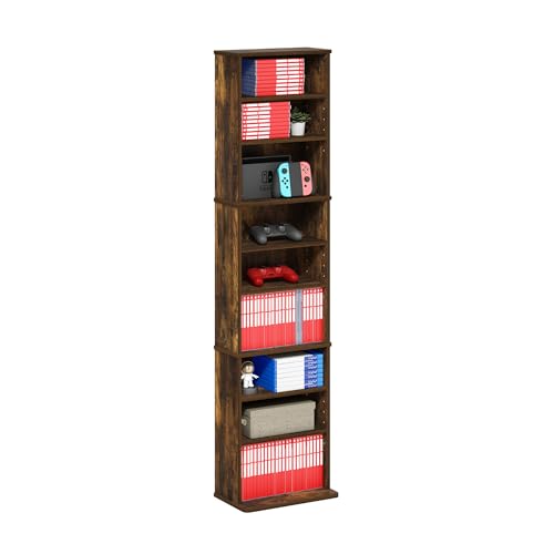 Furinno Jaya DVD Shelf, 9-Shelf Tall Narrow CD Rack, Media Shelf with Adjustable Shelves, DVD Storage Cabinets for CD Blueray Game Disc, Easy Assembly, for Living Room, Home Office, Amber Pine - color: Amber Pine, size: 9-Shelf