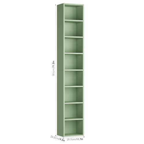 FOTOSOK 8-Tier Media Tower Rack, 11.6 X 9.3 X 70.9 Inches CD DVD Slim Storage Cabinet with Adjustable Shelves, Tall Narrow Bookcase Display Bookshelf for Home Office, Green - color: Green