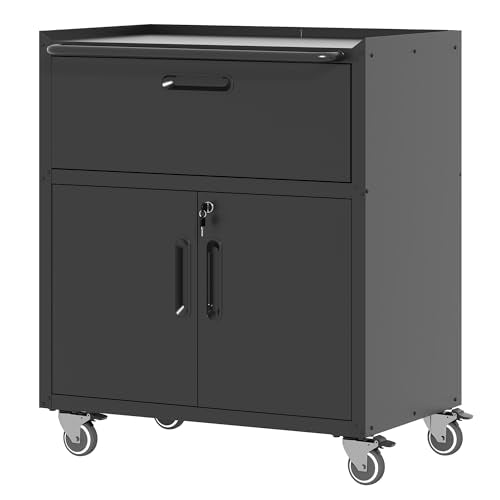 Metal Storage Cabinet with Wheels, Lockable Garage Storage Cabinet with 2 Doors and 1 Drawer, Rolling Tool Cabinet, Assembly Required, Black - color: Black, style: 1 Drawer & 2 Doors
