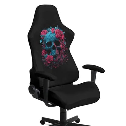 Skull Rose Print Gaming Chair Cover with Armrest Covers Dust-Proof Breathable Computer & Gaming Chair Slipcover Set of 4 Easy to Install Home Decorations - color: Black - Skull Rose