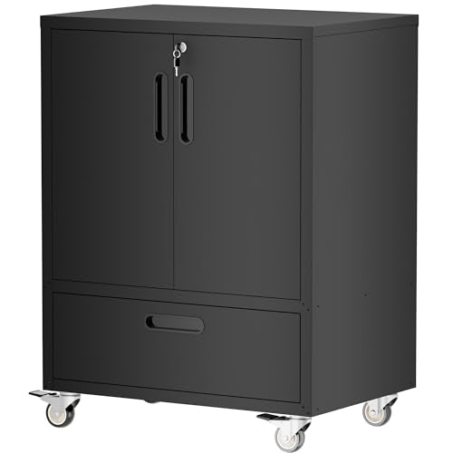 Metal Storage Cabinet with Wheels, Mobile Garage Storage Cabinet with 2 Lockable Doors and 1 Drawer, Rolling Tool Cabinet, Assembly Required, Black - color: Black, style: 2 Doors & Drawer