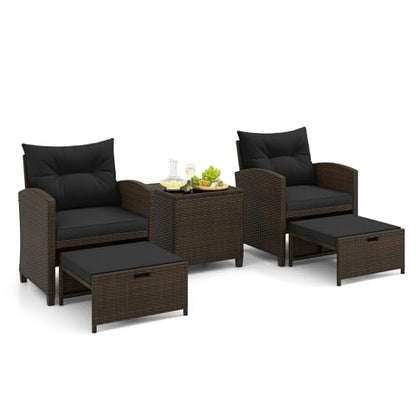 Tangkula 5 Pieces Patio Conversation Set, PE Wicker Rattan Outdoor Furniture Set with 2 Chairs, 2 Ottomans & Tempered Glass Coffee Table, Ideal for Poolside, Backyard, Lawn, Deck, Mix Brown & Black - color: Mix Brown & Black