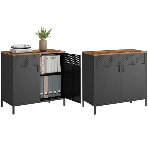 SONGMICS Set of 2 Storage Cabinets, Metal Cabinet, Sideboard with 2 Doors, 15.7 x 31.5 x 29.9 Inches, Magnetic Closure, Adjustable Shelf, Steel Frame, Rustic Brown and Black ULSC791B01 - color: Rustic Brown + Black, size: 31.5"W, style: 2 pack