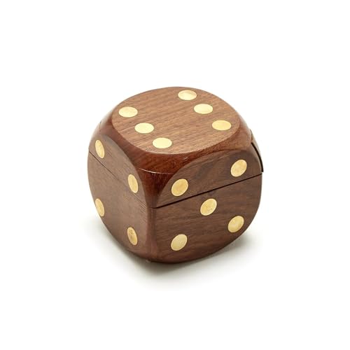 Two's Company Wood Crafted Dice Box with 6 Dice, Acacia Wood, 2.5-inches Square, Brown