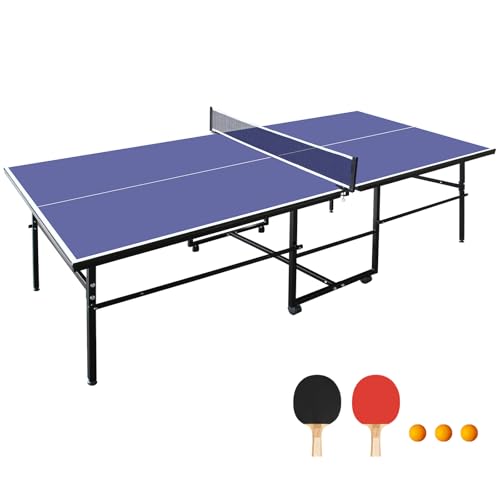 8.5FT/9FT Mid-Size Ping Pong Table, Foldable & Portable Table Tennis Table Set with Net, Table Tennis Paddles and Balls for Family Game - color: Blue, size: 8.5x4.3Ft