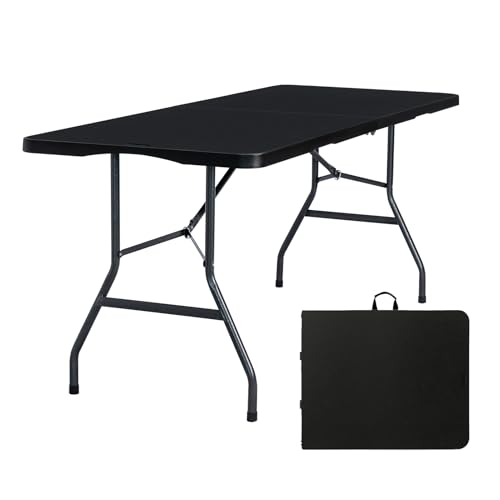 Byliable Folding Table 6ft Portable Heavy Duty Plastic Fold-in-Half 6 Foot Foldable Table Utility Dining Indoor Outdoor with Carrying Handle for Camping Picnic and Party, Black - color: Black, size: 6FT