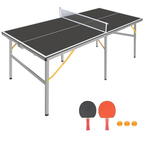 4/6/8/9 ft Professional Table Tennis Table Ping-Pong Tables Set Foldable & Portable Tables with Removable Net 2 Table Tennis Paddles and 3 Balls Easy Assembly - color: Black, size: 6 ft