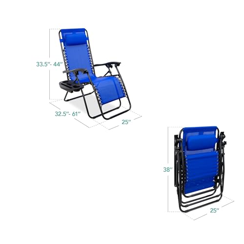 Best Choice Products Set of 2 Adjustable Steel Mesh Zero Gravity Lounge Chair Recliners w/Pillows and Cup Holder Trays - Cobalt Blue - color: Cobalt Blue, size: Standard