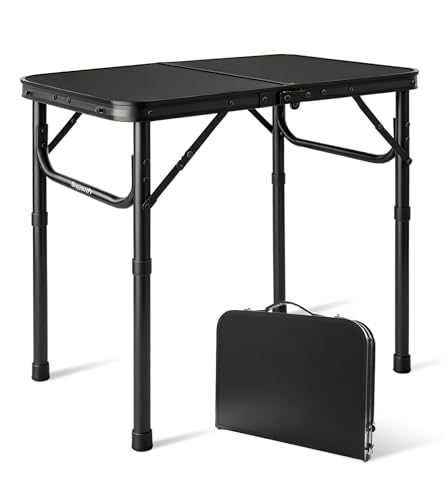 2FT Small Camping Portable Table, Black Aluminum Frame, Adjustable Height up to 21", Lightweight Carry Handle, Portable for Travel, Camping Outdoor Use - size: 2 ft × 1.3 ft × 1.78 ft H, No Umbrella Hole