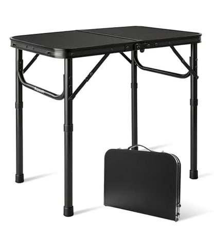 2FT Small Camping Portable Table, Black Aluminum Frame, Adjustable Height up to 21", Lightweight Carry Handle, Portable for Travel, Camping Outdoor Use - size: 2 ft × 1.3 ft × 1.78 ft H, No Umbrella Hole