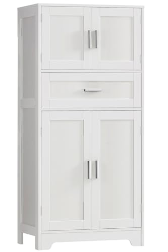 TEENFON Bathroom Storage Cabinet with Adjustable Shelf & Large Drawer, Tall Storage Cabinet with 4 Doors, Kitchen Pantry Storage Cabinets, for Living Room, Dining Room, Home Office, Entryway, White - color: White, 4 Doors
