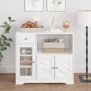 Storage Cabinet with Power Outlet, 35" Modern Sideboard Buffet Cabinet w/Adjustable Shelf, Wooden Kitchen Cabinet with Open Shelves for Living Room, Dining Room, Kitchen, White - color: White, style: Microwave Cabinet