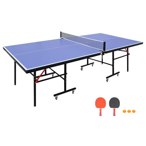 IUNNDS Portable Table Tennis Table 6/8/8.5/9FT Foldable Ping Pong Game Set for Indoor with Net and Post Set, 2 Paddles and 3 Balls - color: Blue-8FT with Wheel