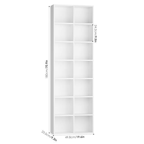 FOTOSOK 71'' Tall Bookshelf with 14 Cubes, 7 Tier Double Wide White Bookshelf with 6 Adjustable Shelves, 19.6" Narrow Bookcase DVD/CD Media Storage, Space Saving Display Shelf Cabinet, White - color: White