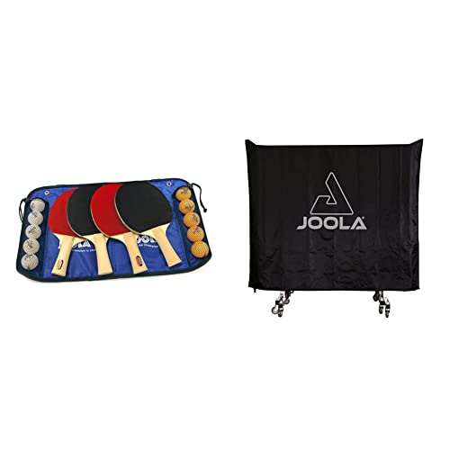 JOOLA Family Table Tennis Set - 4 Ping Pong Paddles, 10 Ping Pong Balls, and Case - Indoor and Outdoor Compatible + JOOLA Ping Pong Table Cover Fits Both Folding Tables & Flat Tables - Water Resistant