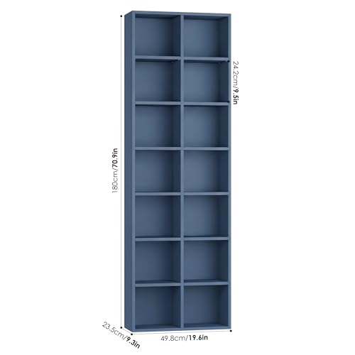 FOTOSOK 71'' Tall Bookshelf with 14 Cubes, 7 Tier Double Wide Bookshelf with 6 Adjustable Shelves, 19.6" Narrow Bookcase DVD/CD Media Storage Shelf, Space Saving Display Shelf Cabinet, Blue - color: Blue