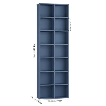 FOTOSOK 71'' Tall Bookshelf with 14 Cubes, 7 Tier Double Wide Bookshelf with 6 Adjustable Shelves, 19.6" Narrow Bookcase DVD/CD Media Storage Shelf, Space Saving Display Shelf Cabinet, Blue - color: Blue