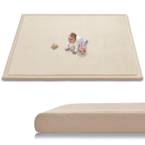 Baby Play Mat for Floor, 1.3 Inch Thick Memory Foam Tummy Time Mat with Non Slip Backing, Soft Coral Velvet 71X79 Inch Playpen Mat Crawling Tatami for Infants Toddlers Kids, Beige - color: Beige, size: 71" X 79"