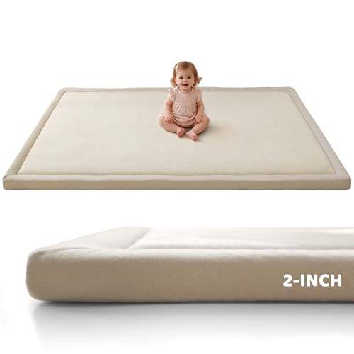 2 Inch Thick Baby Play Mat for Floor, Memory Foam Tummy Time Mat with Non-Slip Backing, Soft Micro Flannel 79X71nch Playpen Carpet Crawling Tatami for Infants Toddlers Kids, Beige - color: Beige, size: 79" X 71" X 2“