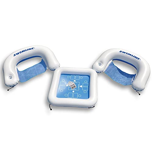 SWIMLINE ORIGINAL Inflatable Game Table Station With Waterproof Playing Cards & Two Inflatable Sling Chairs W/ CupHolders | Double Sided Game Set | Poker & Card Games | Chess & Checkers - style: Game Station Combo W/ Waterproof Cards
