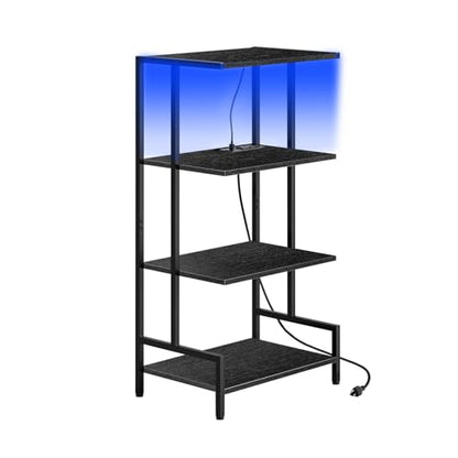 Arbuxzuy 4-Tier AV Media Stand with Power Outlet and LED Lights,Wooden Stereo Stand Cabinet,Game Console Shelf for Small Space,Audio Rack Stand Tower Ideal for Video DVD Players,Xbox - color: Black