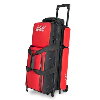 WOLT 3 Ball Bowling Bags with Wheels,Bowling Ball Bag 3 Ball Roller with Separate Shoe Compartment and Accessory Pocket, Retractable Handle Extends to 38’’ - color: red