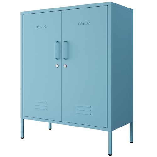 Blue 3 Tier Metal Storage Cabinet with Legs, Lockable 2 Door Metal Locker, Heavy Duty Multipurpose Accent Storage Cabinet with 2 Adjustable Shelves for Home, Office, Entryway and Hallway - color: Ocean, style: Cabinet-40"H-FT