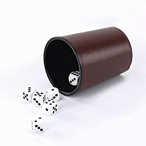 Leather Dice Cup Set, 5 Black Dice Cups + 25 Dices + Exclusive Storage and Transport Case Made of Faux Leather (Brown x2) - color: Brown X2