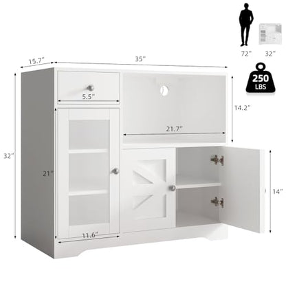 Storage Cabinet with Power Outlet, 35" Modern Sideboard Buffet Cabinet w/Adjustable Shelf, Wooden Kitchen Cabinet with Open Shelves for Living Room, Dining Room, Kitchen, White - color: White, style: Microwave Cabinet