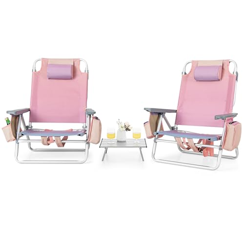 Tangkula Backpack Beach Chair with Table, 5-Position Lay Flat Chairs with Cooler Bag, 2 Cup Holders, Towel Bar, Lightweight Low Folding Chair with Backpack Straps, Pink - color: Pink, style: 2 Pack with Table
