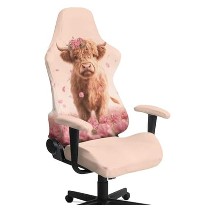 Suobstales Highland Cattle Rose Pattern Gaming Chair Covers with Armrest Cover, Stretch Washable Computer Gaming Chair Slipcovers for Armchair, Swivel, Computer Boss Chair - color: Highland Cattle Rose