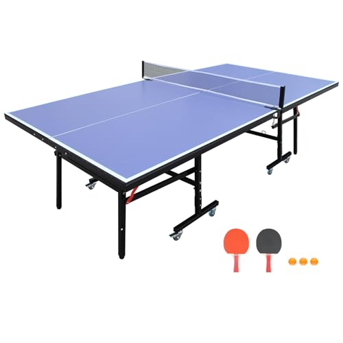 Foldable 8ft Competition Size Indoor Table Tennis Table Set with Net, 2 Paddles, 3 Balls, Easy Storage & Playback Mode