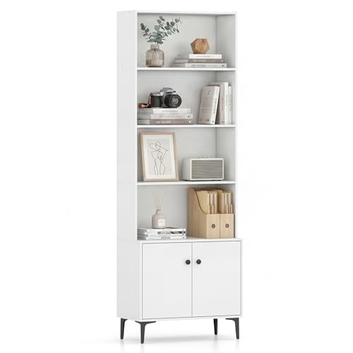 Giantex 68.5" Tall Bookcases and Bookshelves with 2 Doors, Floor Standing 5 Tier Bookshelf Display Shelves, Bookcase with Storage Cabinet, Decor Furniture for Home Office, Living Room, White - color: White, size: 24" x 12" x 68.5"
