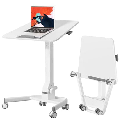 Foldable Mobile Standing Desk, 90 Tiltable Rolling Standing Desk, Height Adjustable Portable Laptop Workstation for Home Office, Easy to Fold, White - color: White