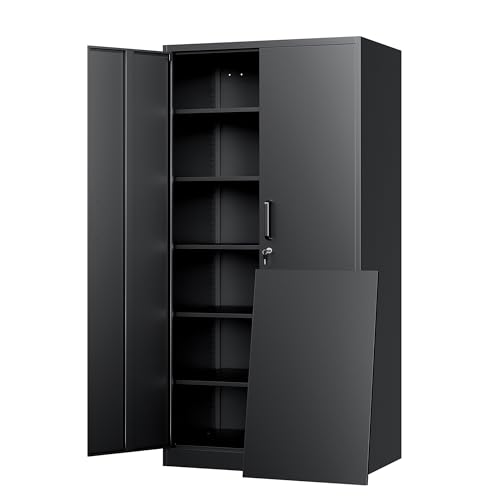 Yizosh Metal Storage Cabinet with Lock - 72" Garage Storage Cabinet with 2 Locking Doors and 5 Adjustable Shelves, Black Steel Lockable for Office,Home,Garage - color: Black, size: 72"H x 36"W x 18"D