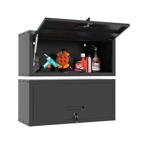 Garage Wall Cabinet with Flip-Up Door, Lockable Metal Storage Cabinet Wall Mounted, Hanging Tool Cabinet for Garage Basement Utility Room, Black - color: Black, style: 1 Door - Floating