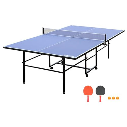 8ft/9ft Mid-Size Table Tennis Table Foldable & Portable Ping Pong Table Set for Indoor Games with Net, 2 Table Tennis Paddles and 3 Balls