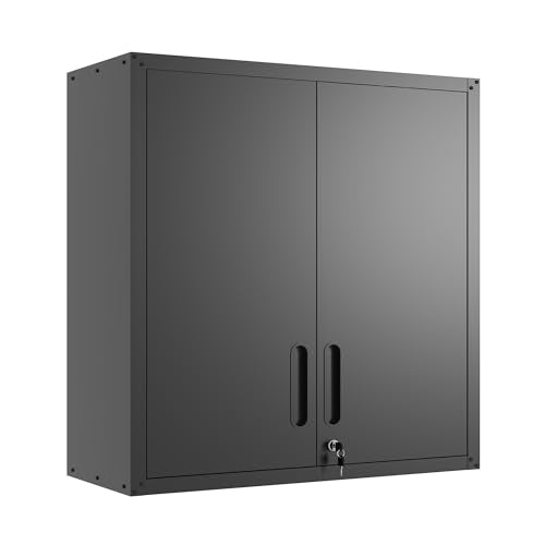Garage Wall Cabinet with Doors and Shelves, Metal Wall Mounted Storage Cabinet with Lock, Hanging Tool Cabinet for Garage Utility Room, Black - color: Black, style: 2 Doors - Floating